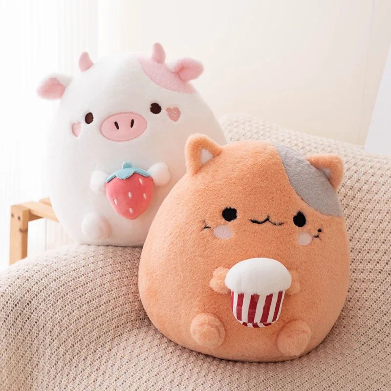 Strawberry Cow Plush Toys, Kawaii Cow Stuffed Animals Squishy Doll Cute Cat Plush Soft Kawaii Kitten Plush Pillow with Popcorn,