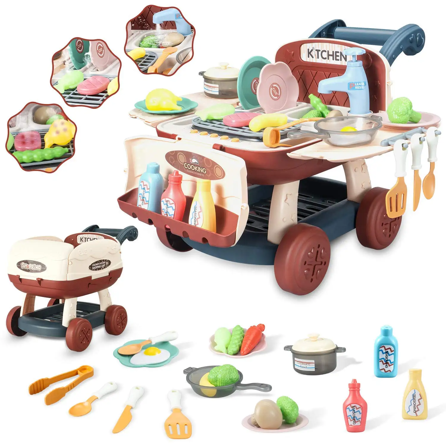 Simulation Cooking Toy Kids Kitchen Cart BBQ Playset with Lights and Music Pretend Food Educational Gift for Kids Christmas Gift