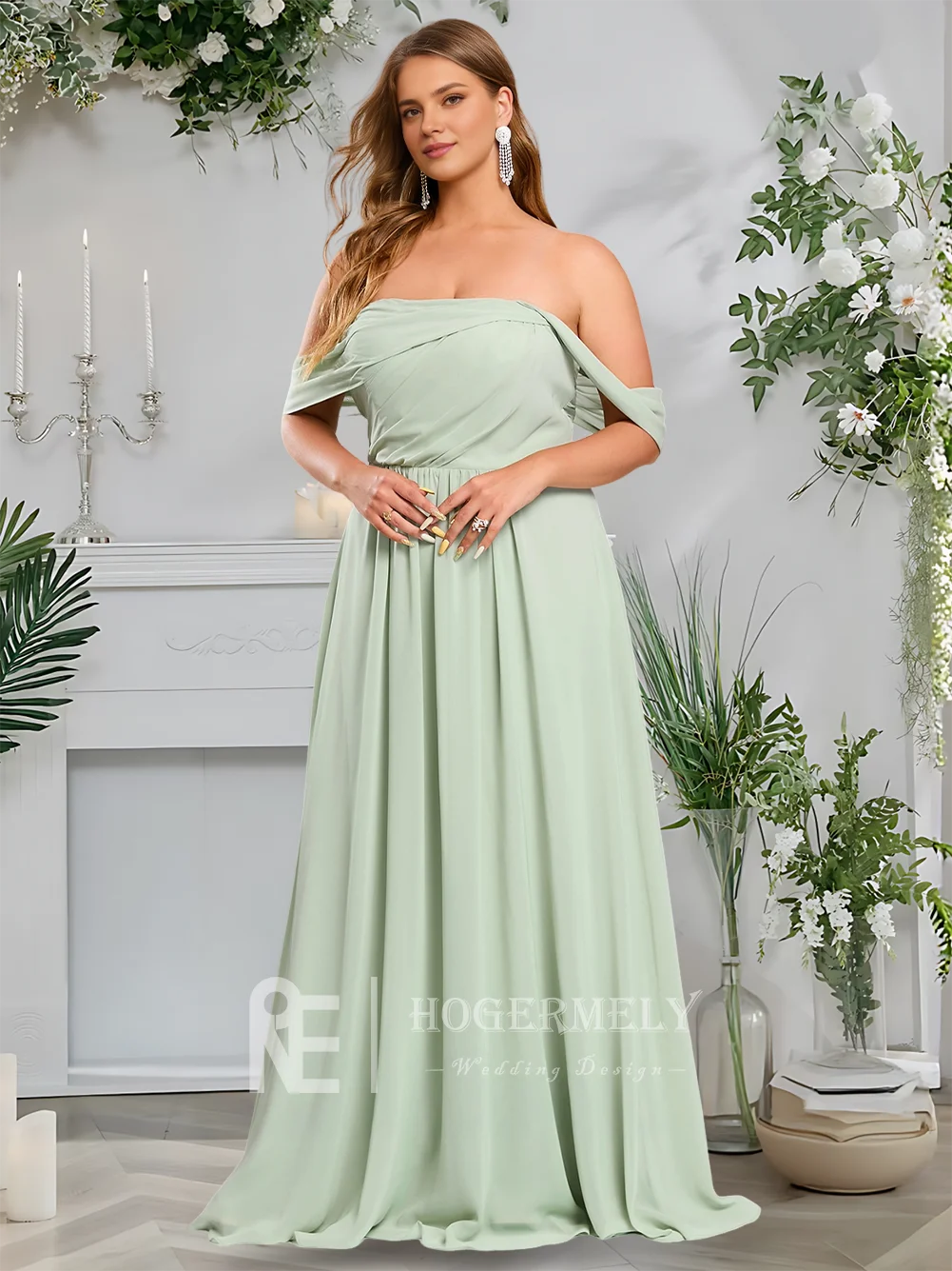 B Elegantes, schulterfreies, bodenlanges Chiffon-Brautjungfernkleid von Celadon mit Rüschen, Cocktailpartykleid für Hochzeitsgäste