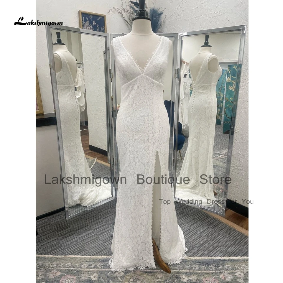 

Lakshmigown винтажное кружевное свадебное платье русалки с открытой спиной 2025 Vestidos сексуальные женские пляжные свадебные платья с разрезом сбоку