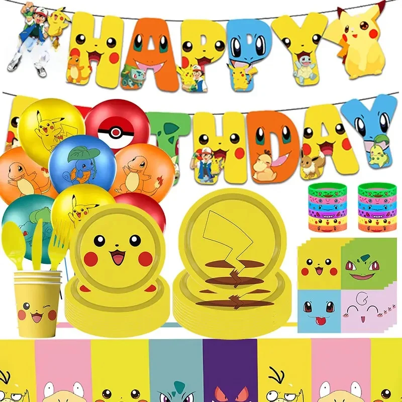 Décorations d'anniversaire Pokemon, Kit de ballons Pikachu, vaisselle, assiette, serviette, bannière d'arrière-plan pour enfants, fournitures de fête prénatale