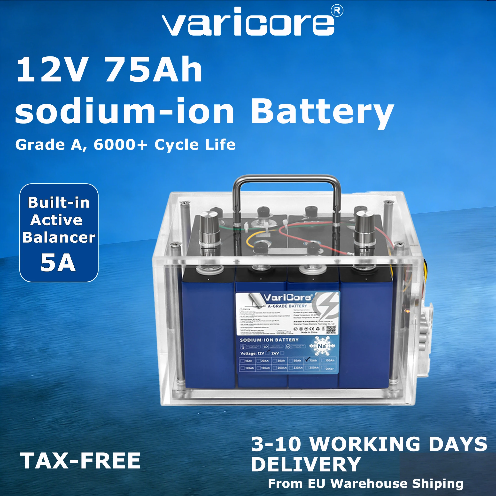 Varicore Natrium-ion Oplaadbare Batterij 12V/15.6V 75Ah Laagtemperatuurbestendig voor Elektrische Auto Golfkar Off-Grid Zonne-energie