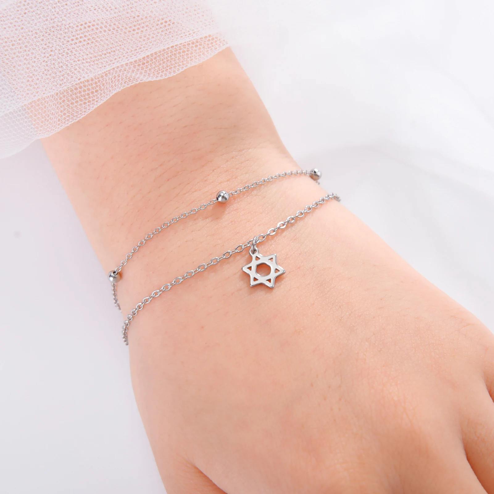 LIKGREAT Stainless Steel Star of David Symbol Bracelet for Men Women Charm Bead Bracelet Classic Original Jewelry Christmas Gift