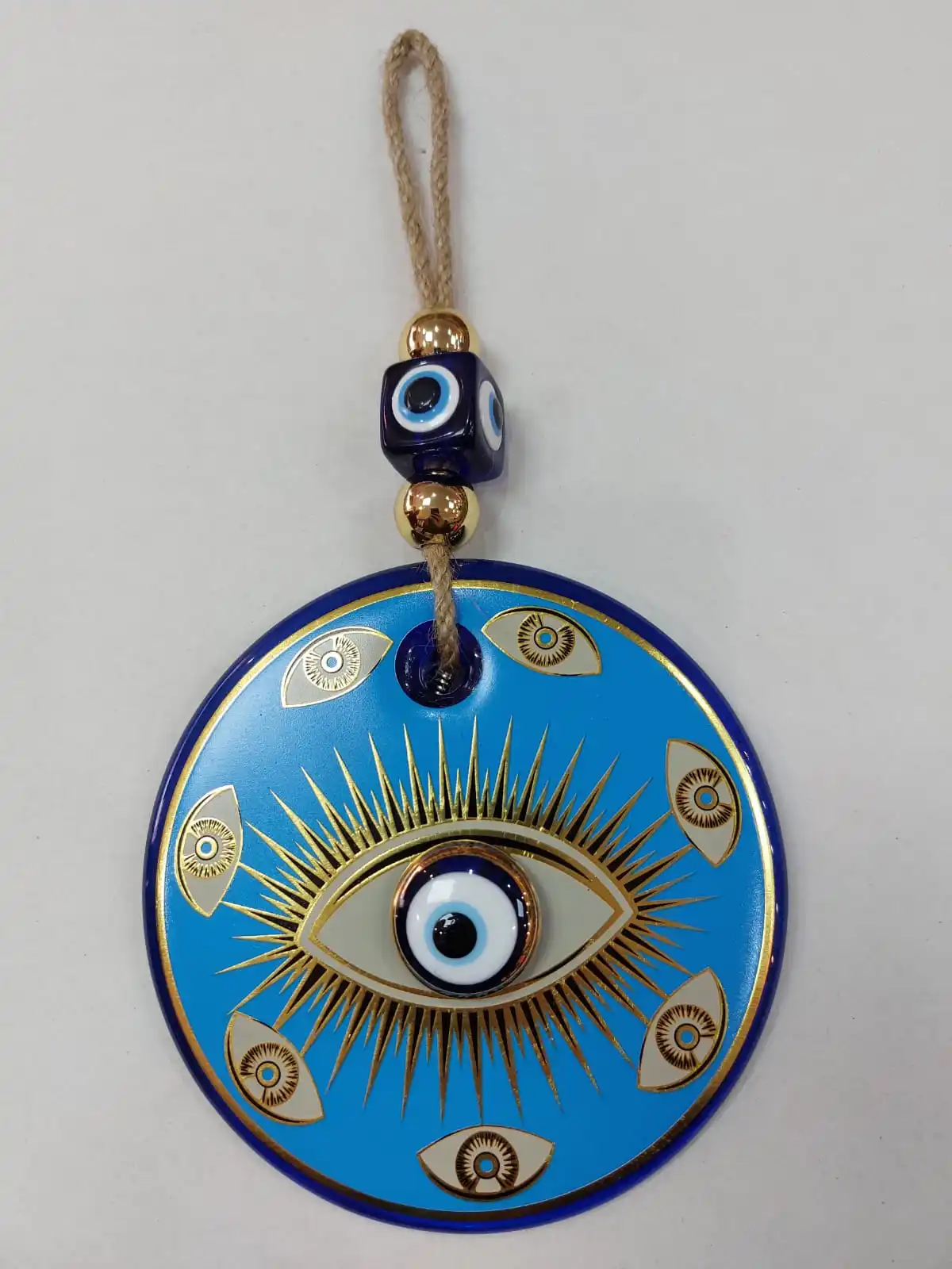 Big Size-14 cm Diameter- Golden Gilted and Colored Patterned Glass Blue Evil Eye Wall Hanging Ornament – Turkish Nazar Bead - Ho