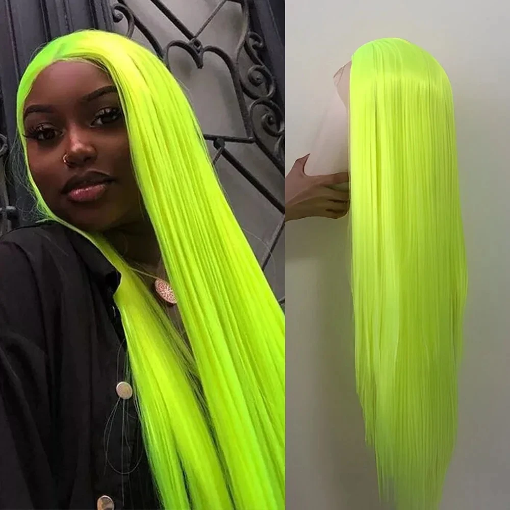 

Neon Green Wig Straight Synthetic Lace Front Wig Long Silky Fluorescent Yellow Colored Hair Frontal Wigs for Women Party