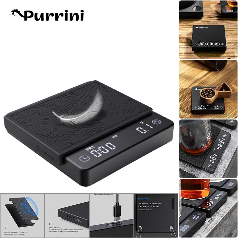 

PR1 2kg/0.1g Mini Coffee Electronic Scale Hand-brewed Espresso Smart Timing USB Charging Professional Kitchen Weighing Tools