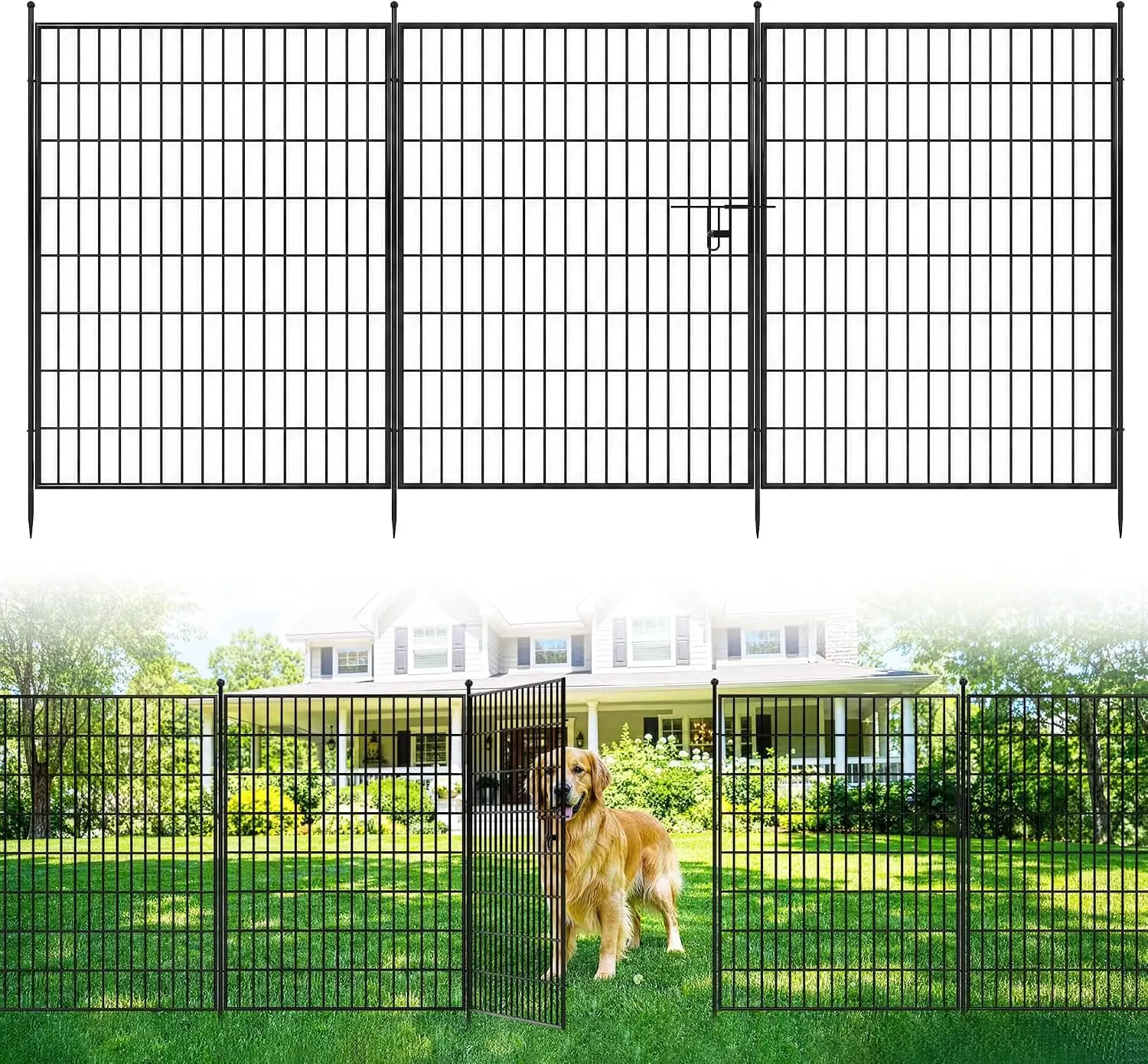 Dekorativer Gartenzaun, Hoher Schwarzer Metallzaun, Grabfreier Zaun als Tierbarriere, Hundezaun für Draußen, Dekorativer Gartenzaun für Rasen, Hof, Terrasse - mit Tor