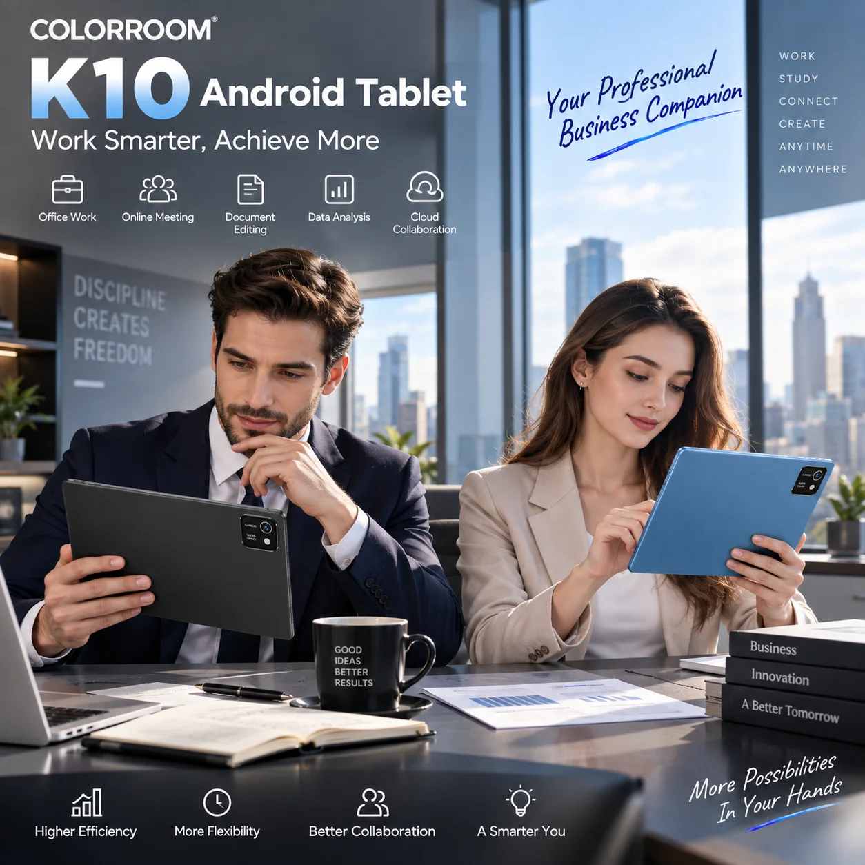 COLORROOM K10 10.1 Inch Android 13 Tablet 6GB RAM 32GB ROM 6000mAh HD IPS WiFi Bluetooth Dual Camera for Work Study Entertainmen