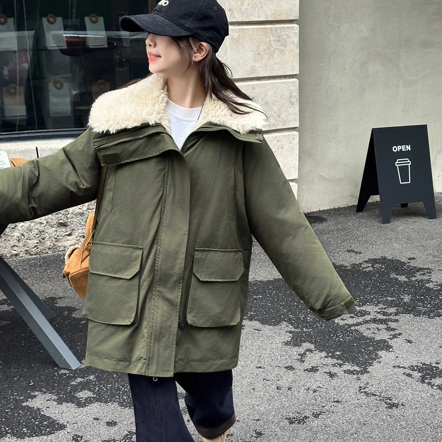 معطف سترة باللون الأخضر العسكري للفتيات مع بطانة وياقة من الفرو الصناعي، ملابس خارجية شتوية دافئة مع جيوب، سترة عصرية للفتيات #2