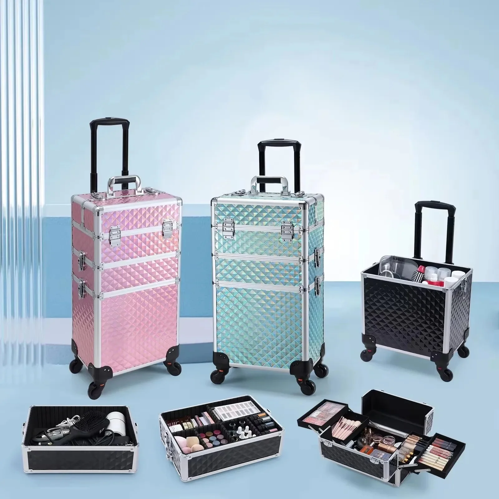 Rollende make-upkoffer 3-in-1 verwijderbare make-upkoffer Cosmetologiekoffer op wielen Afsluitbare make-uptrolley met grote capaciteit voor salon - afbeelding 2