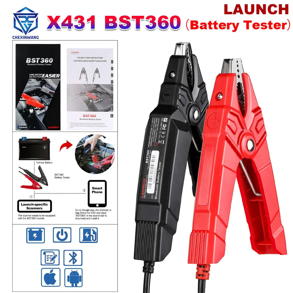 LAUNCH BST360 Bluetooth Battery Tester 6V 12V Voltage Check Clip Charging Cranking System Analyzer for X431 Device Adnroid IOS