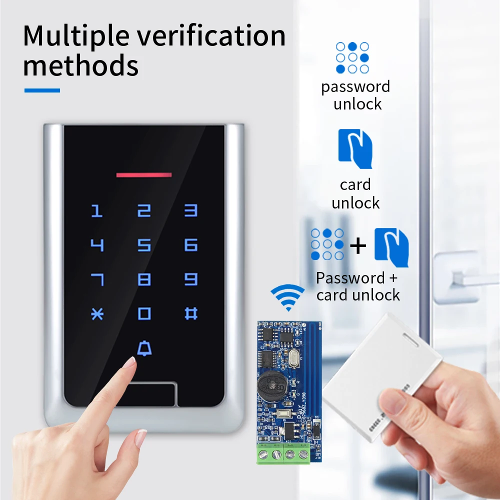 IP66 Waterproof RFID Wiegand 26 34 Wireless Slave Card Reader Keypad with Receiver Module 433MHz Built in Battery and Doorbell