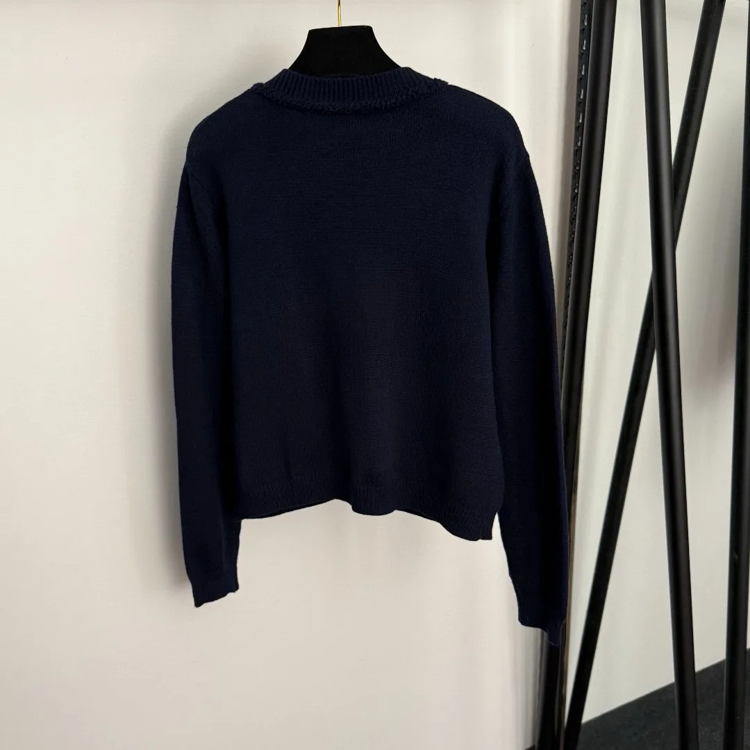 

Casual Loose Dark Blue Women's Double Pocket Long Sleeve Knitted Cardigan 2025 Autumn New O-neck Sweater Jacket D13