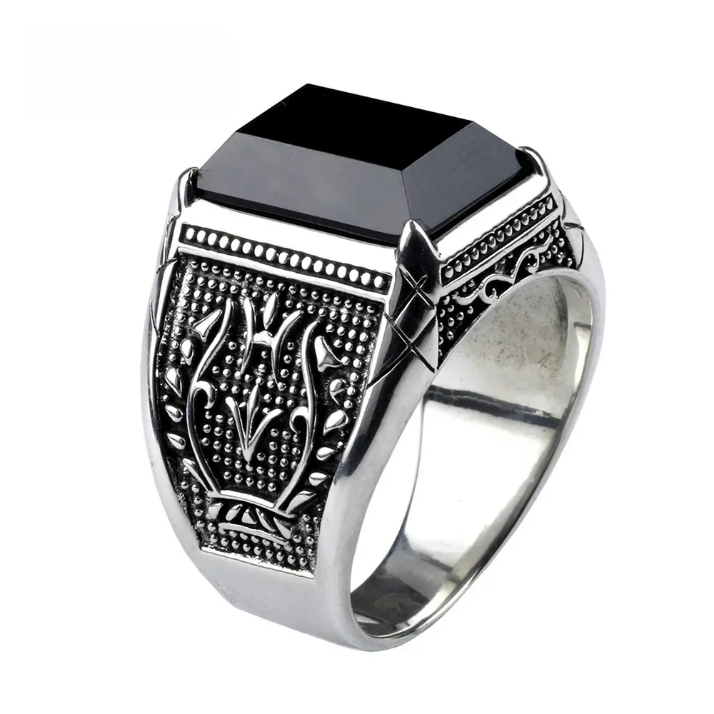 Prawdziwe męskie sygnety ze srebra próby 925 z czarnym onyksem z kamieniem naturalnym Retro Flower Engraved Punk Rock Vintage Jewelry — zdjęcie 2