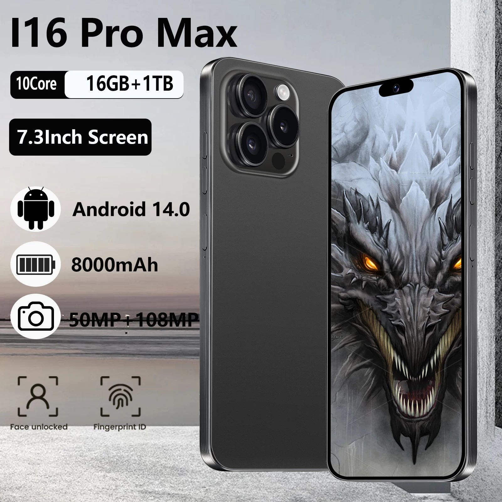 

Global Version i16 Pro Max Android Smartphone Original 5G 7.3 Inch HD Screen 108MP Camera 6800mAh Dual SIM Unlock Phone Ten Core