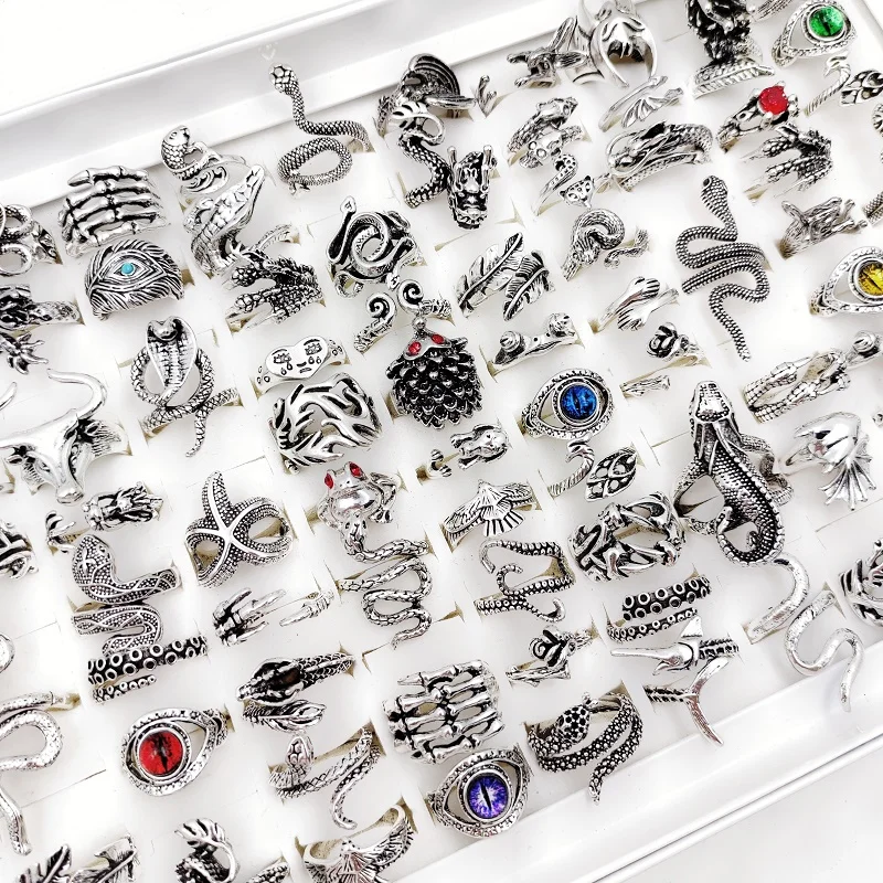 12Pcs/Lot Vintage Punk Snake Dragon Animal Devil's Eye Adjustable Rings for Men and Woman Mixed Open Hip Hop Gothic Jewelry Gift