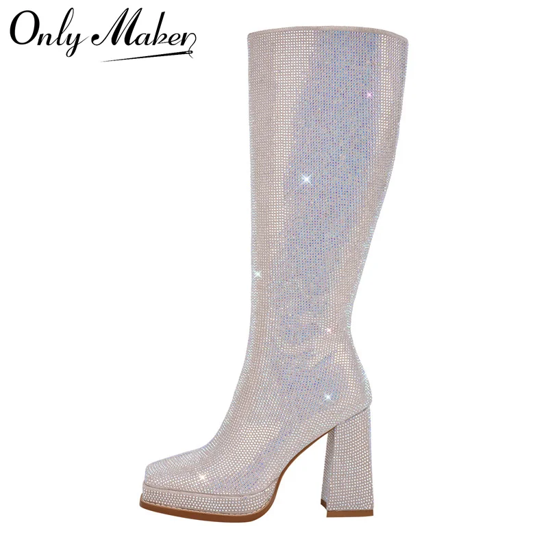 Onlymaker Women Sliver Rhinestone Knee High Boots Side Zipper Fashion Handmade Chuny Heel Boots