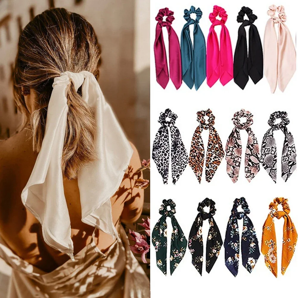 Vintage Leopard Satin Long Ribbon Scrunchie dla kobiet Jednokolorowe opaski elastyczne Kucyk Krawat Szalik do włosów Nakrycia głowy — zdjęcie 2