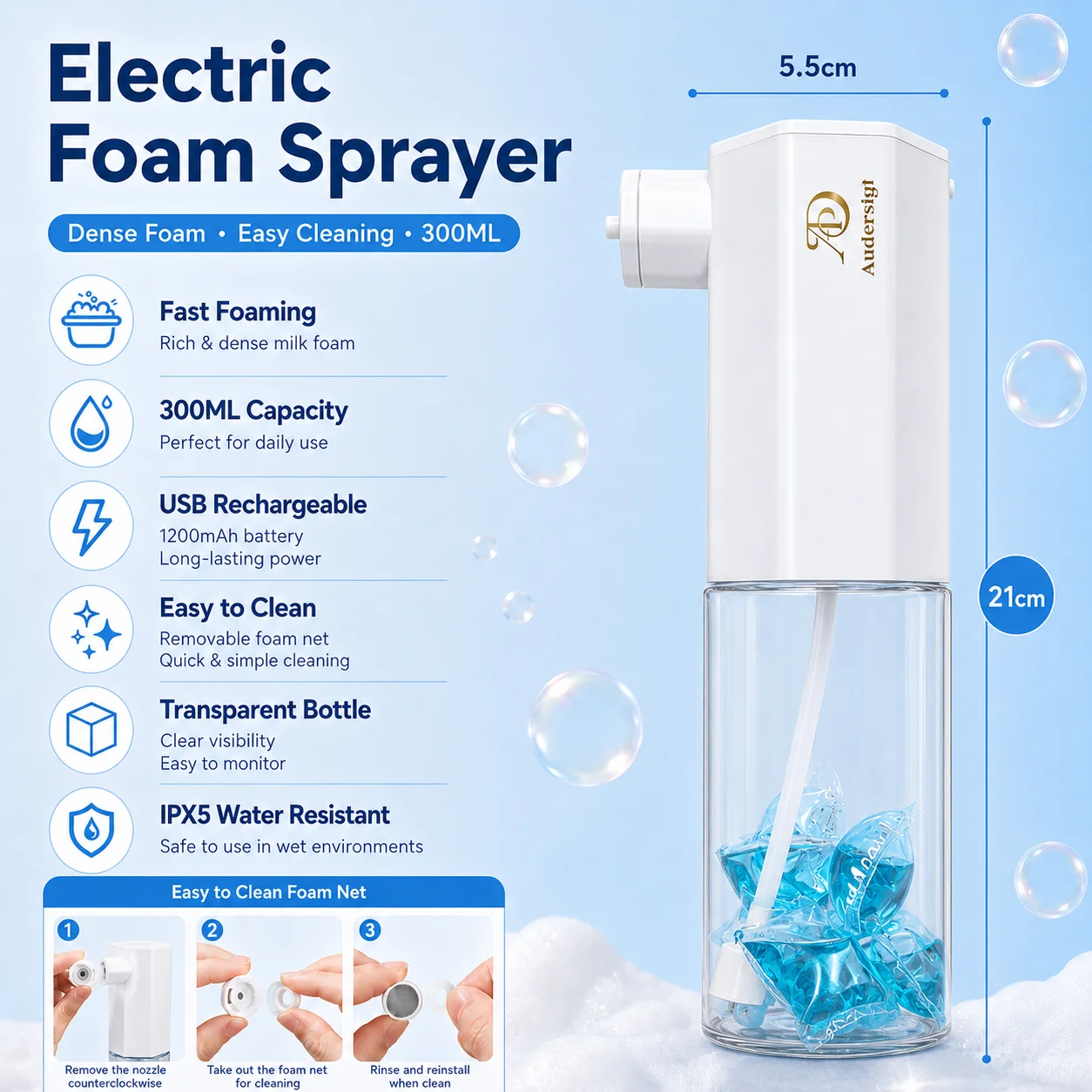 Electric Foam Sprayer 300ML USB Rechargeable Foam Bottle Waterproof Cleaner for Tattoo Studio Cleaning Soap Dispenser