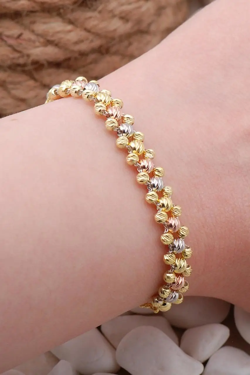 Genuine Real 925 Sterling Silver Dainty Beaded Golden Chain Bracelet Delicate Lovely Bracelet Gift for Her Women Birthday Gift