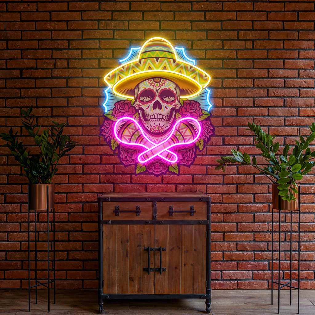 Mexican Skull Artwork Neon Sign Pop Art Bar Beer Art Wall Decor Shop Restaurant Home Decor UV Print Skull Dimmable Neon