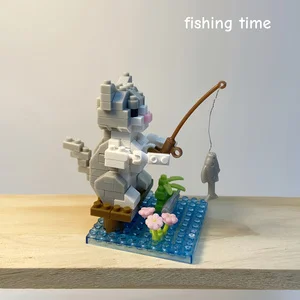 Micro Building Blocks Kitten Fishing Set, Cute Desk Decor, Realistic Cat Figurine Gift，Christmas Gift.