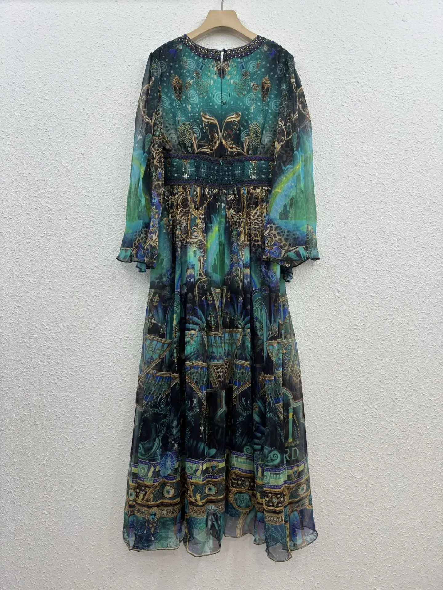 100% 실크 시크 에메랄드 그린 프린트 맥시 드레스 여성용 V넥 긴팔 보헤미안 시폰 가운