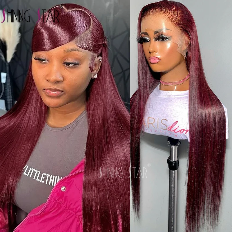 13X4 13X6 Lace Frontal Wig 99J Burgundy Hd Lace Frontal Human Hair Wig Straight Wigs Melt Skins 180% Red Colored Wig For Woman