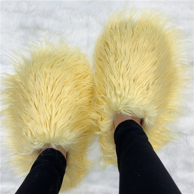 Luxury Fur Slippers Women Round Toe Mongolian Fur Slides Woman Shoes Women Flat Half Slippers