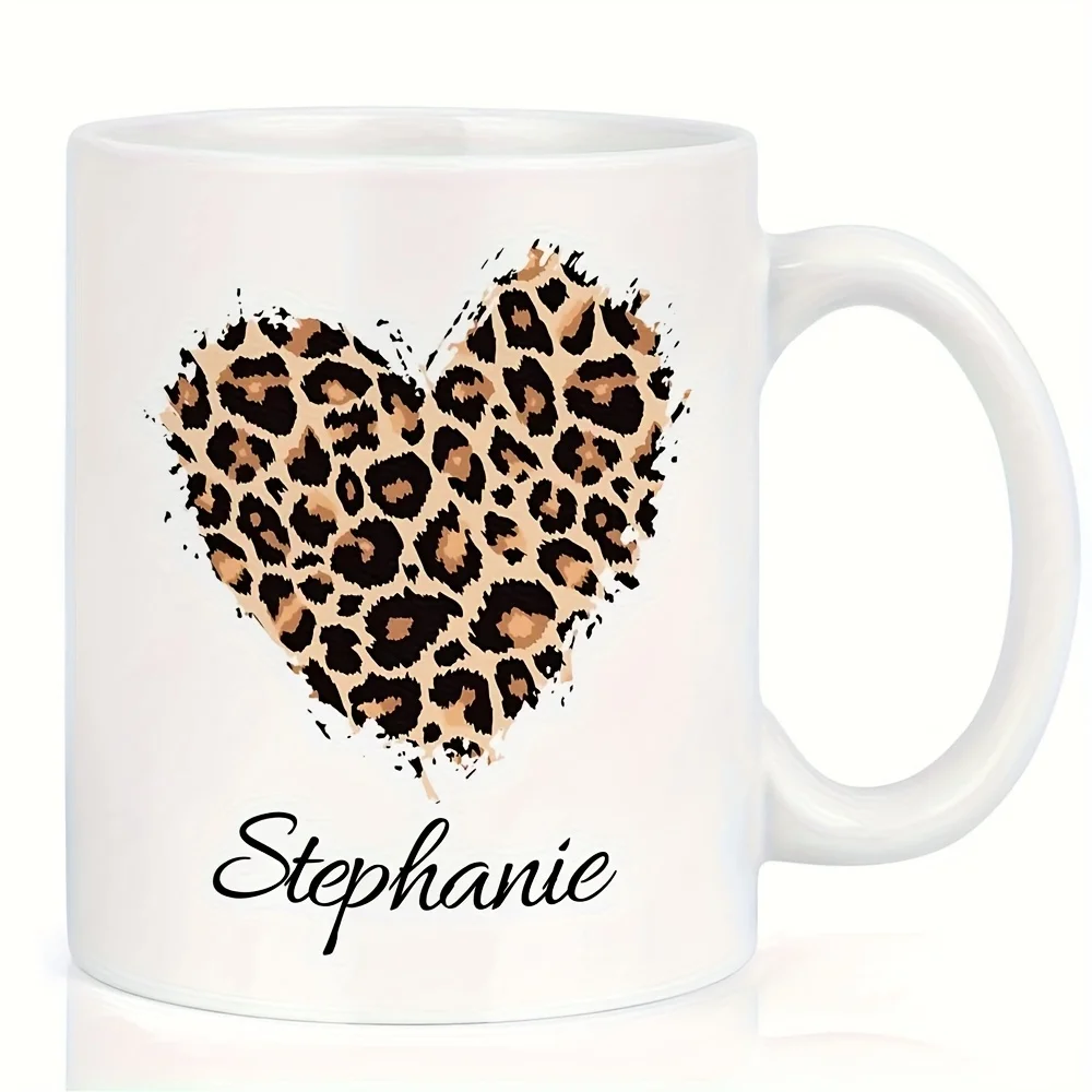 1 Personalized Leopard Print Heart-Shaped Mug with Elegant Cursive Font, Ceramic Material, Non-Slip Handle - Birthday, Christmas, Anniversary Gift - for Home or Office Use - Black Leopard Print Design on White Background - Personalized Coffee Mug, Holiday Drinkware, Best Christmas Choice, Perfect Thanksgiving Gift