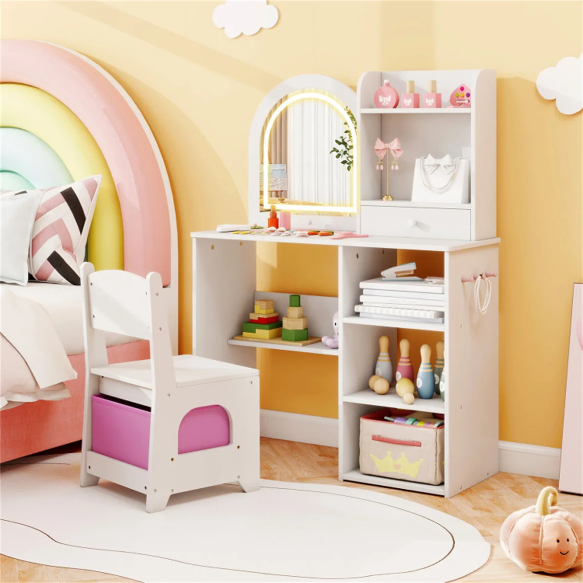 

2-in-1 Kids Vanity & Writing Desk Set - LED Lighted Shatterproof Mirror (3 Color Modes), White