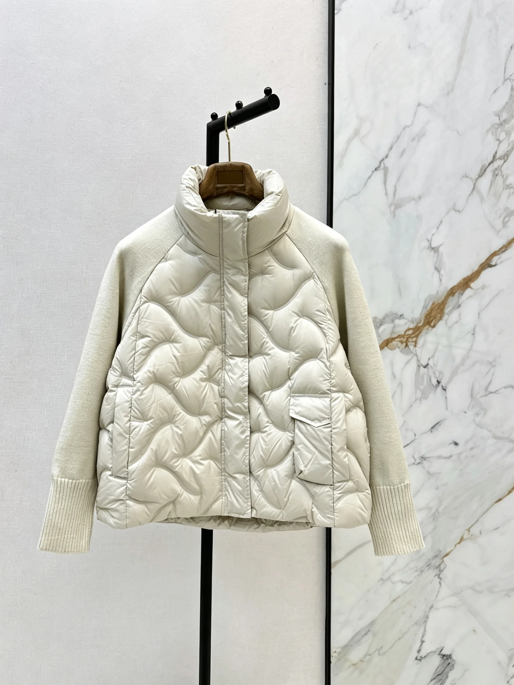 2026 Women Winter Knit Spliced Stand Collar Short Padded Jacket ZX5720