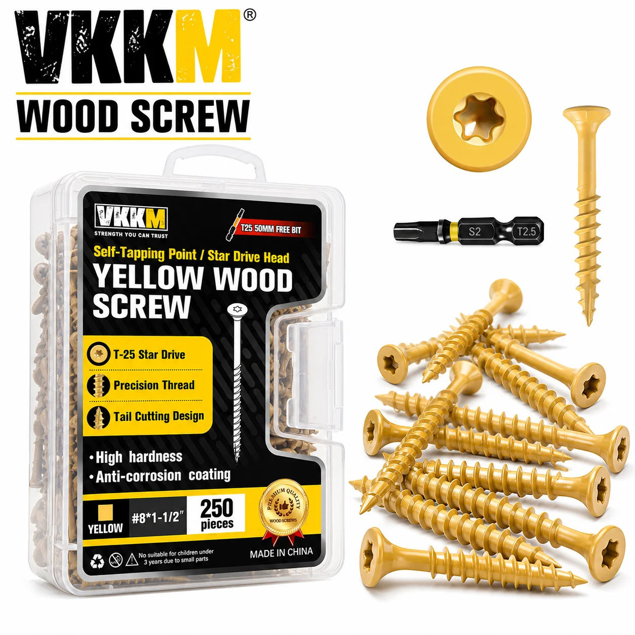 250Pcs T25 Yellow Wood Screws #8x1.5