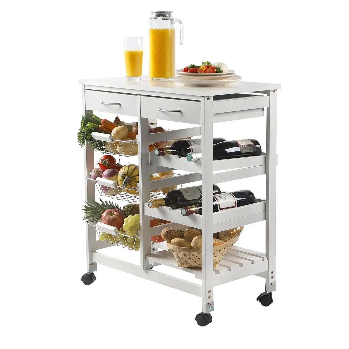 Kitchen Cabinet White greengrocer cart, 3 baskets, 1 shelves, 2 Wine Rack, 2 drawers for kitchen home kitchen living room storage