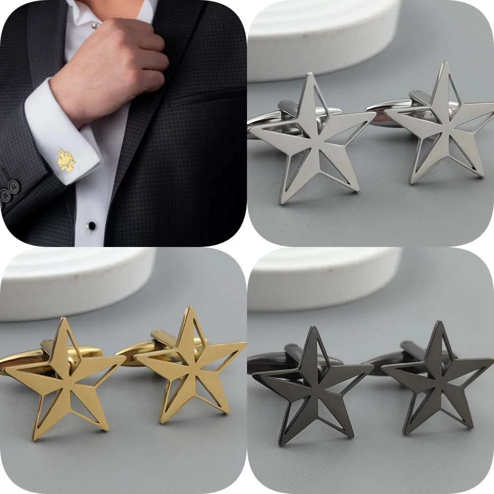 Gemelos chapados en oro de 18 quilates de acero inoxidable con estrella de cinco puntas estilo punk, botones plateados para camisa francesa, accesorios de boda para traje