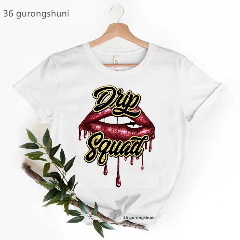 Birthday Gift For Girls Pink Tshirt Birthday Drip Squad Letter Print T Shirt Women Clothes 2025 Makeup Lips T-Shirt Female