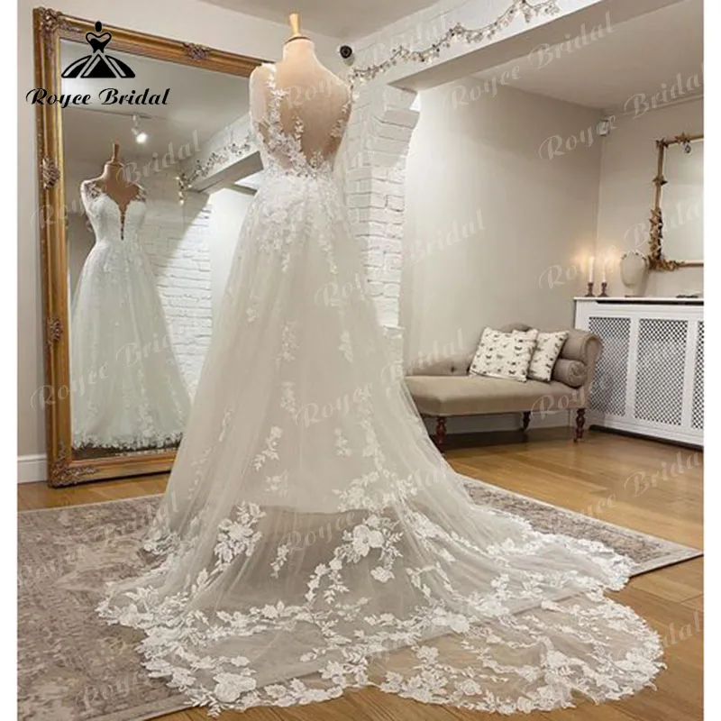 Robe de mariée en dentelle à col en V profond avec appliques florales, robe de mariée A-Line, précieuse, élégante, adaptée aux patients, 2024