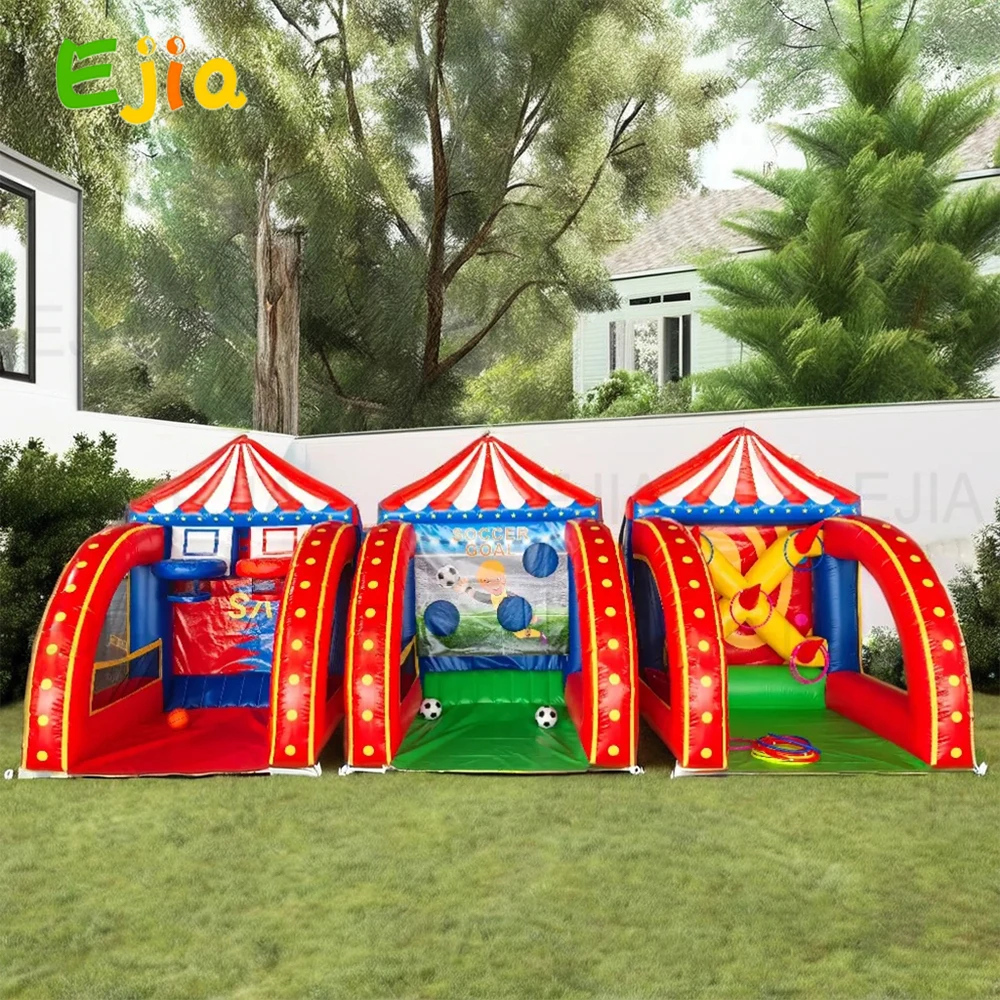 Oxford/PVC comercial 3 en 1 juego inflable de carnaval juegos deportivos inflables multi deportes baloncesto juego de fútbol para fiesta