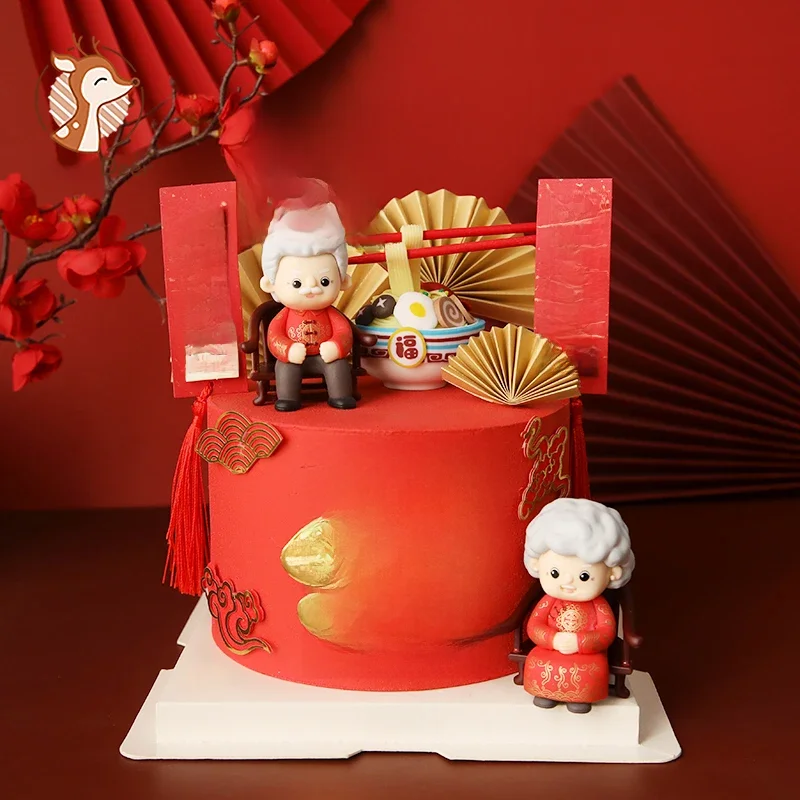 Décoration de gâteau de grand-mère, costume Tang de longévité, décoration de fête d'anniversaire de grand-père, chaise chinoise, bénédiction, fournitures de cuisson, dessert