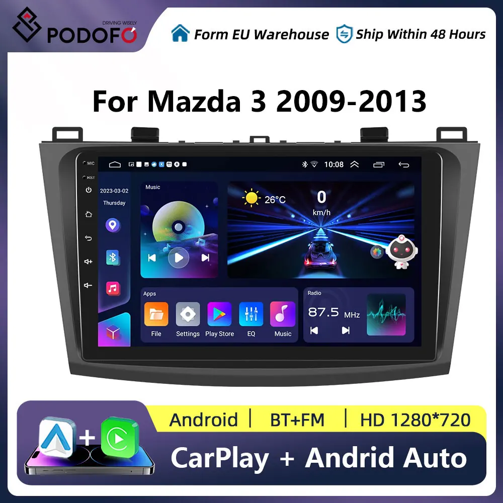 Podofo Carplay Autoradio 2Din Android Car Radio for Mazda 3 2009-2013 Multimedia Player GPS Navigation Head Unit Car Auto Stereo