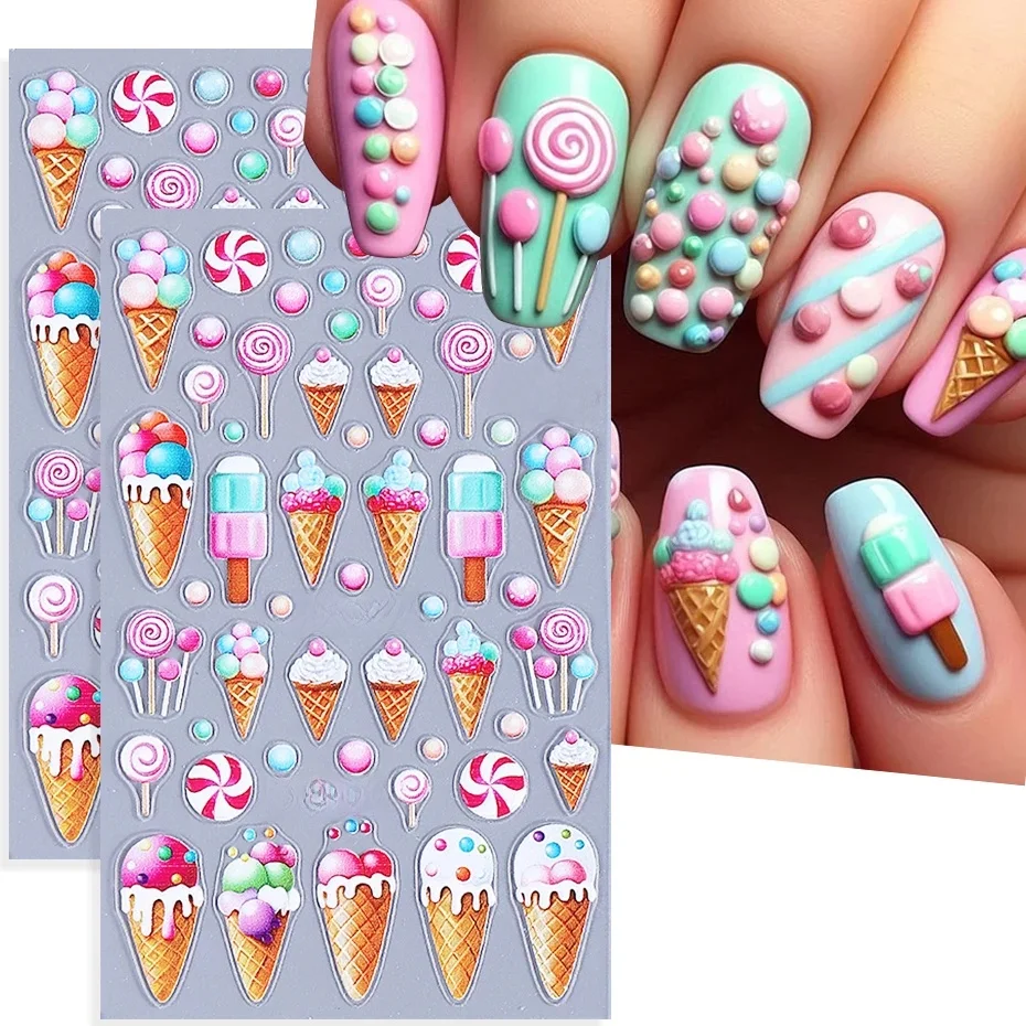 Autocollants pour ongles 3D crème glacée, 2 pièces, macaron d'été, bonbons, sucettes, dessin animé, décalcomanies pour ongles, curseur adhésif, décorations de manucure, DIY bricolage