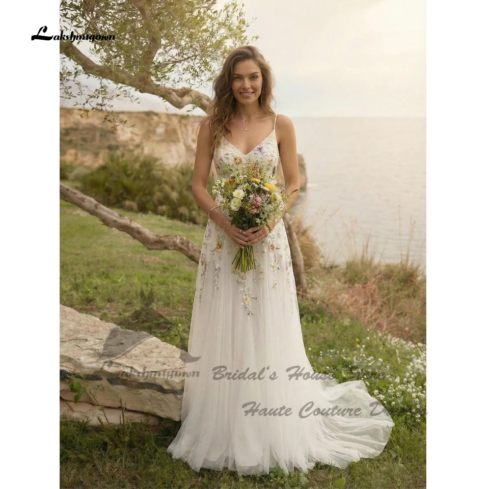 Lakshmigown Luxuriöse Blumen-Spitzen-Boho-Hochzeitskleider 2026 Sexy Damen Strand-Brautkleider V-Ausschnitt Spaghettiträger Maßanfertigung – Detail 7