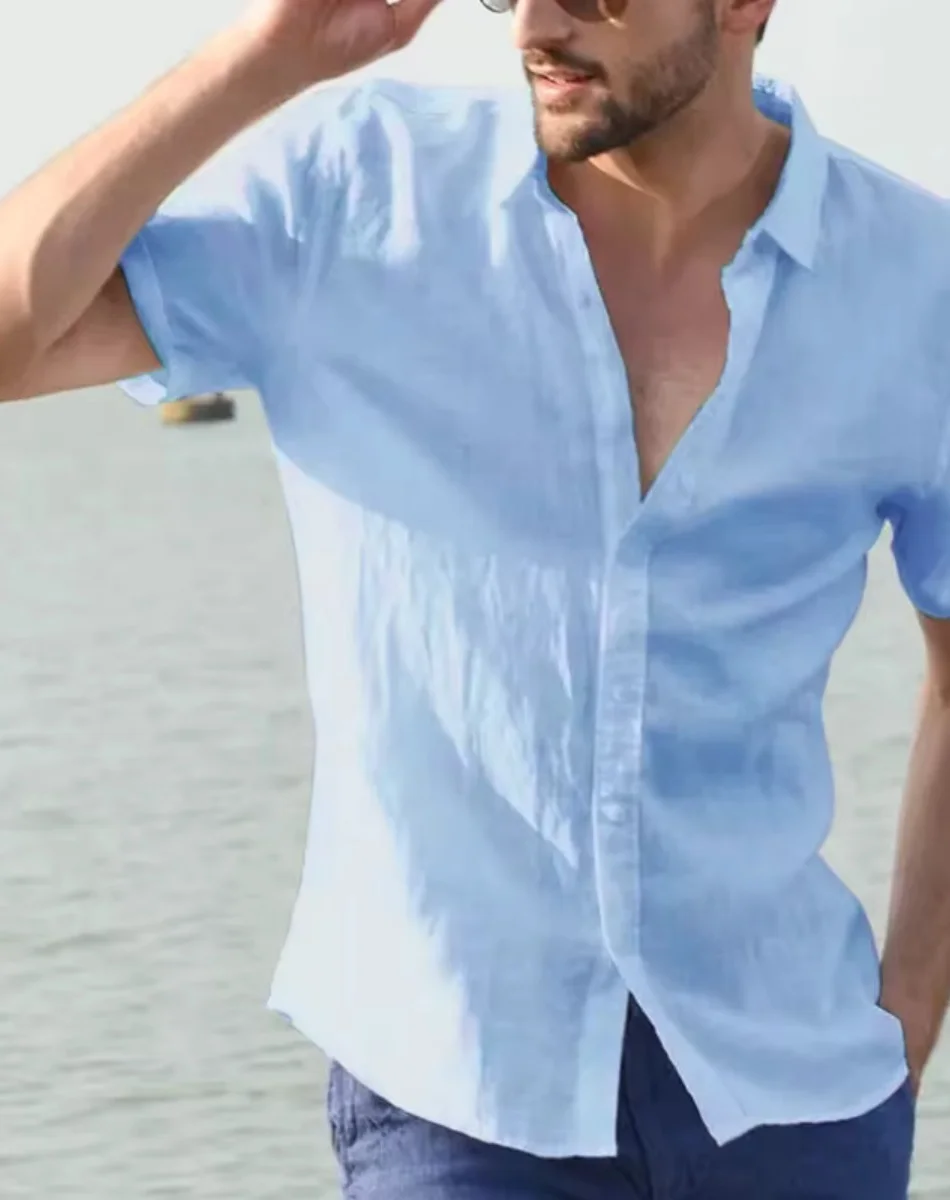 Летние мужские рубашки из хлопка и льна Повседневные рубашки с коротким рукавом Однотонные рубашки с лацканами и воротником-стойкой Формальные пляжные рубашки мужские Clo