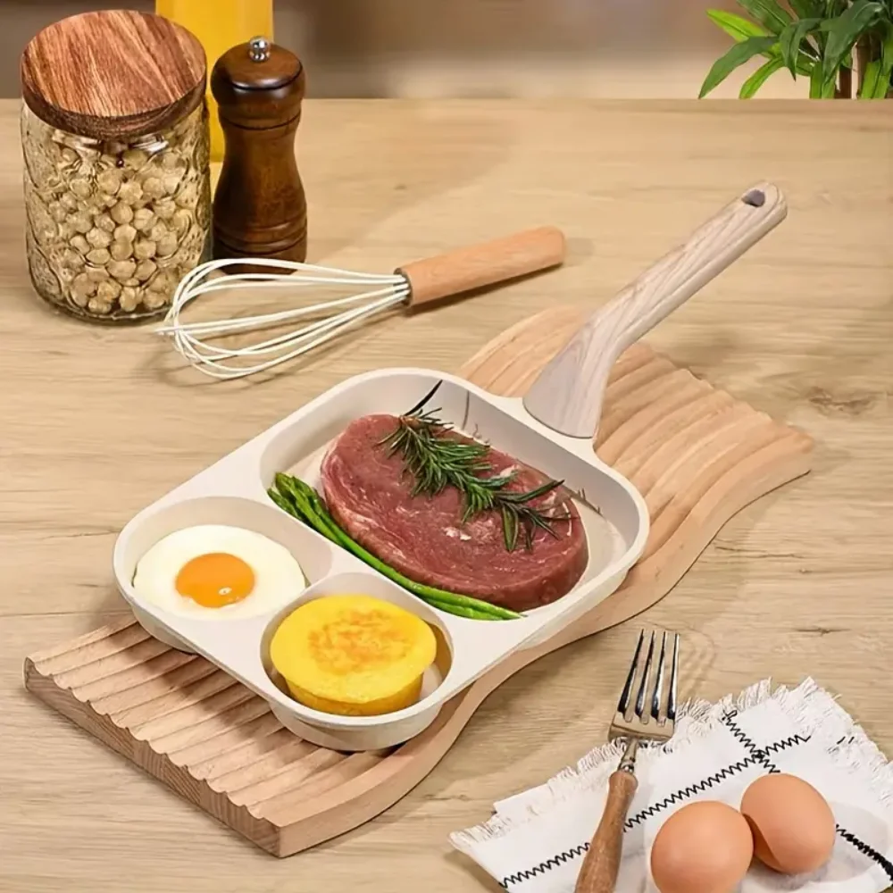 3-in-1 Breakfast Pan, Non-Stick Aluminum, Induction & Gas Range Compatible, Egg & Steak Skillet, Hand Wash Only, Kitchen Cookwar