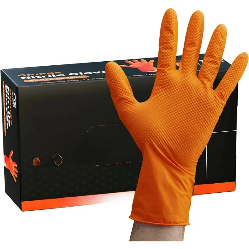 Gants en Nitrile Orange robustes, gants jetables industriels de 8 milles avec poignée texturée en diamant pour la sécurité du mécanicien et les gants de travail