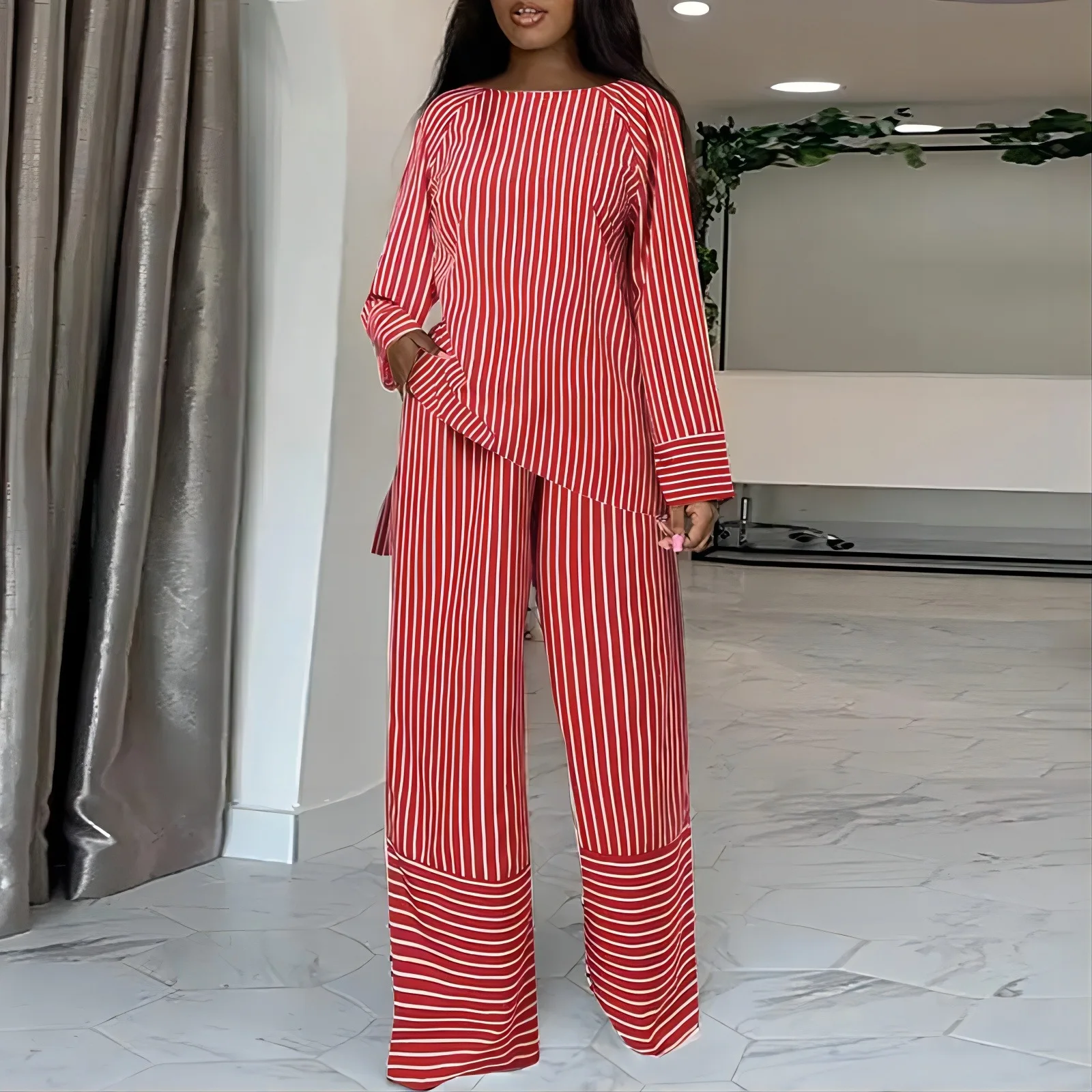 

Ladies Blouse Shirt Wide Leg Pant Suit Set Casual Female Women Long Sleeve O-Neck Blouse Shirt Top Pant Two-Piece Sport Outfits