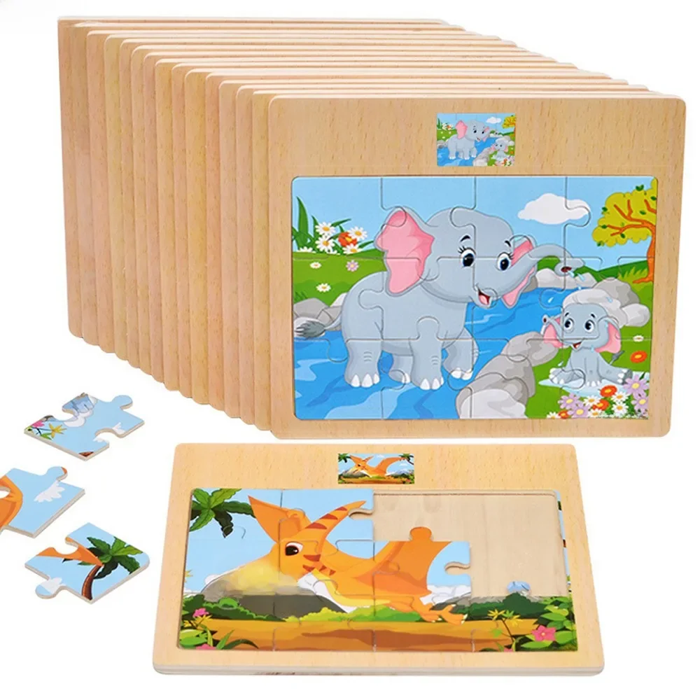Gorąca sprzedaż 12/9 sztuk puzzle drewniane dzieci dziecko drewno kreskówka pojazd zwierzęta nauka zabawki edukacyjne dla dzieci prezent — zdjęcie 2