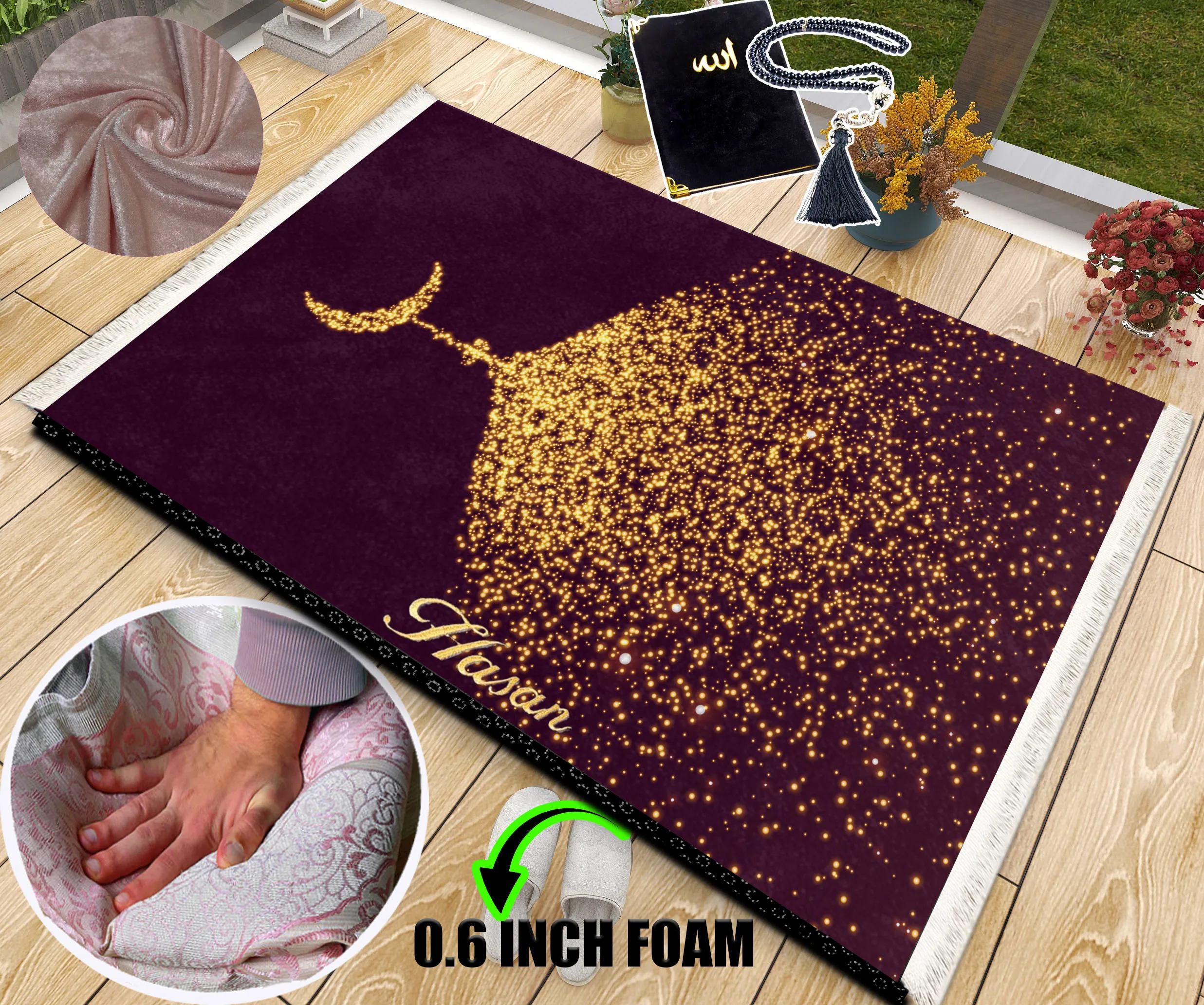 

Extra Thick Foam Padded Turkish Gold Burgundy Prayer Rug With Luxury Yaseen, Soft Praying Mat Carpet & Pearl Tasbeeh, İslamic