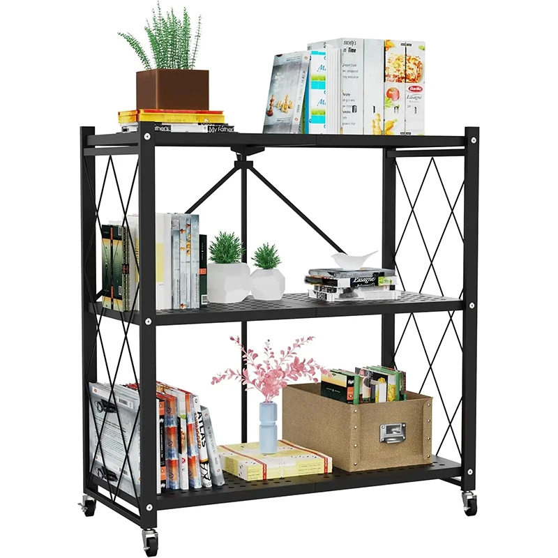 Collapsible 3/4/5-Tier Storage Rack on Wheels with Pegboard, Foldable Metal Mobile Shelving Unit, No Assembly Rolling Organizer Shelf, Multipurpose Display Cart for Books, Plants, Kitchen Supplies, Home & Garage Storage