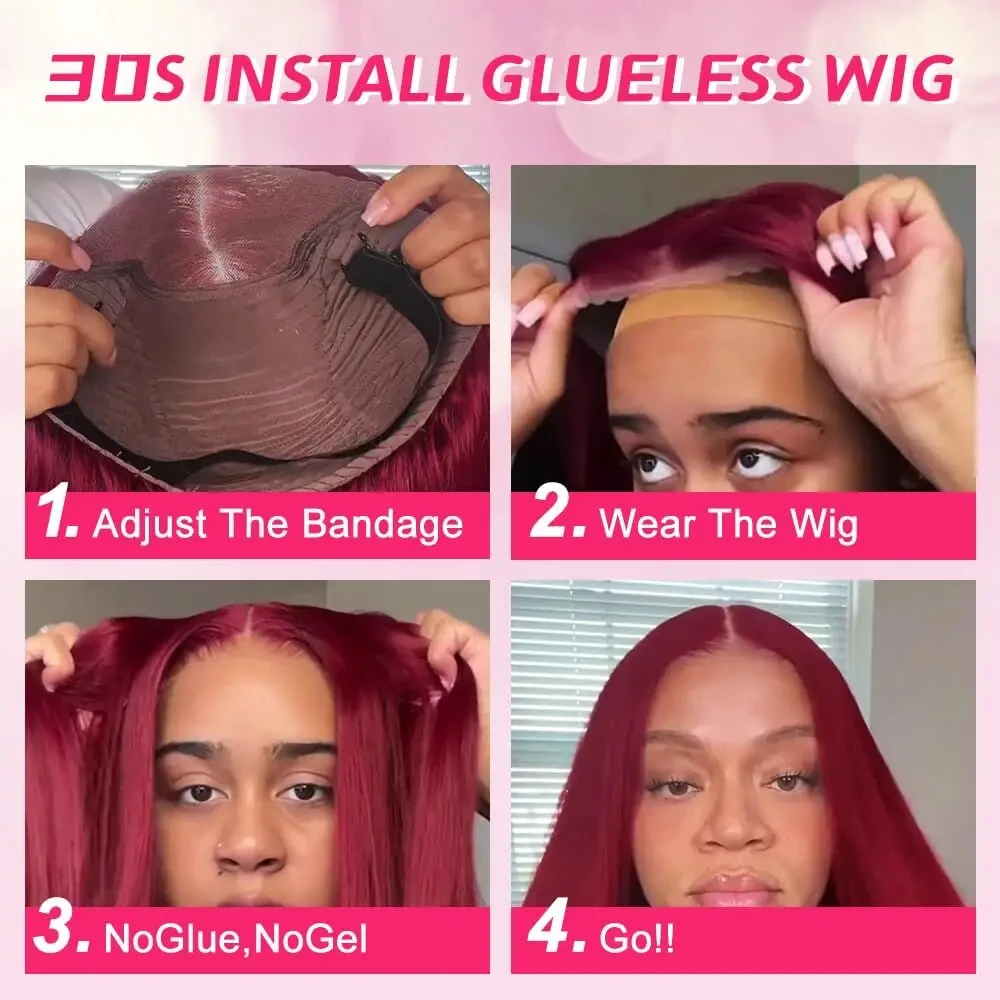 99J Wig rambut manusia tanpa lem pemakaian berwarna merah anggur dan Go Wig Bob pendek lurus 6x4 Lace Frontal Wig manusia digunakan untuk pergi